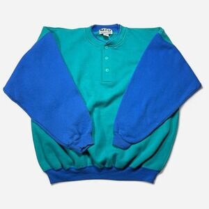 Vintage 90s MTO teal & blue colorblock crewneck with button placket, XL